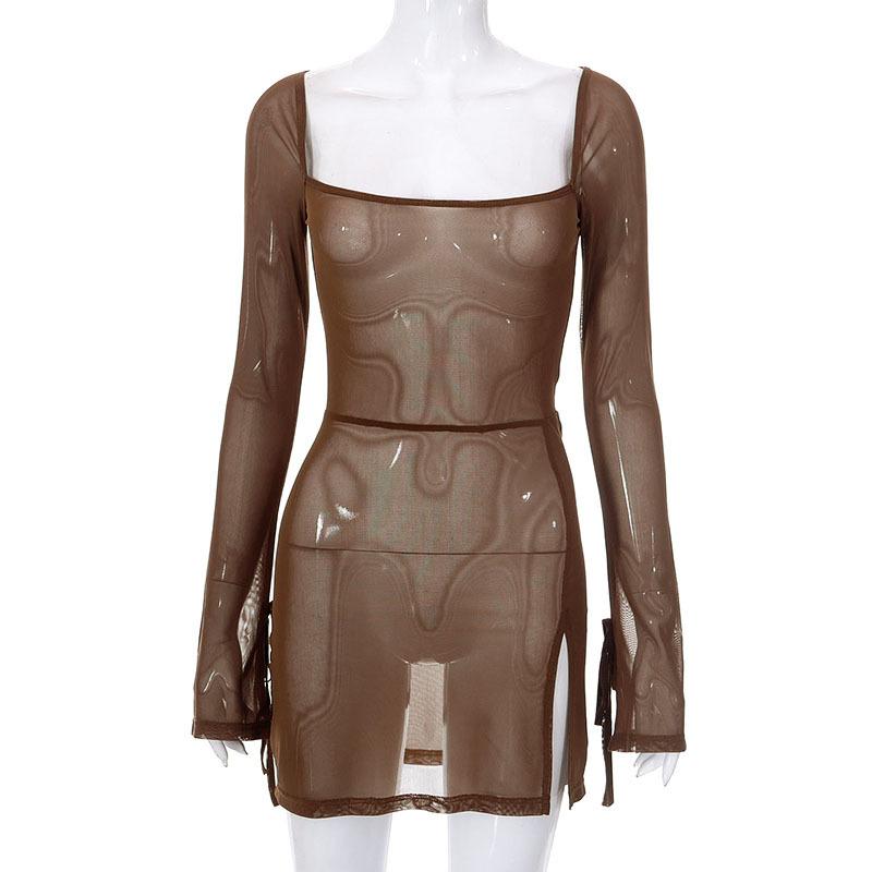 Square Collar Solid Mini Dress For Women Y2k Clothes Gauze Sexi Night Dress Hot Club Outfits Sheer Vestidos De Mujer Long Sleeve