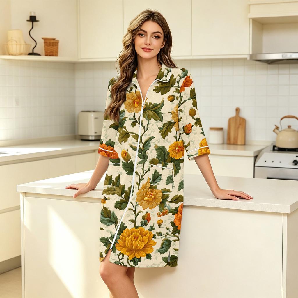 Bata Ligera con Estampado Floral para Mujer, Cierre de Cremallera Delantera con Bolsillos, Manga 3/4, Longitud hasta la Rodilla, Bata para el Hogar y Ropa de Dormir