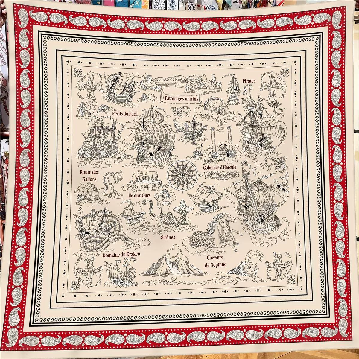 

130cm French Autumn/Winter Vintage Print Faux Silk Wool Scarf Warm Shawl and Square Wraps Ladies Bandana Hijab Foulard For Women 130x130cm