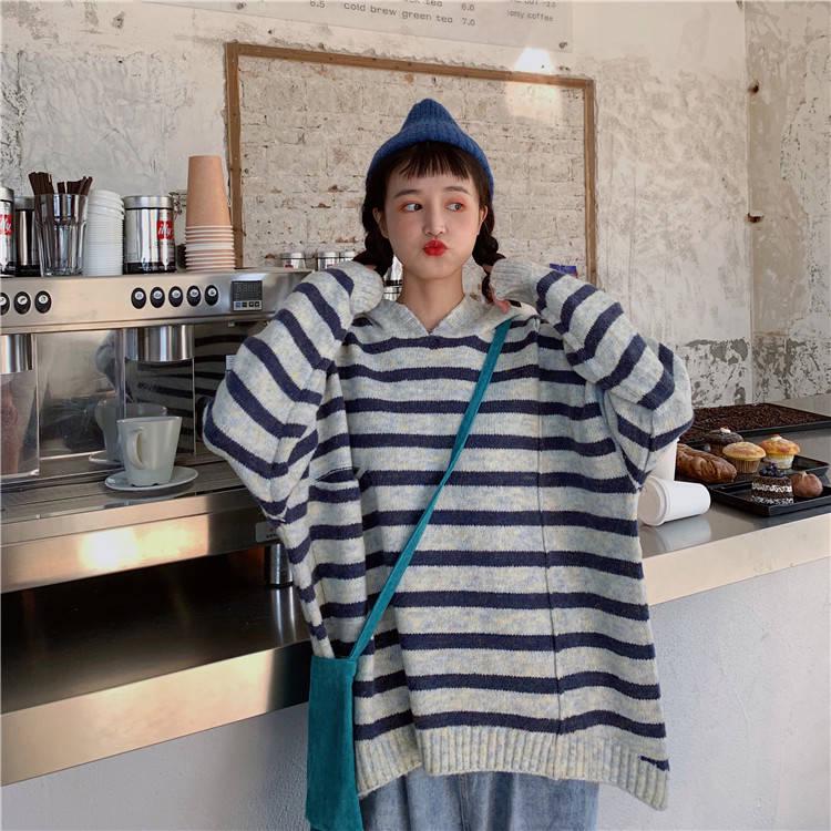 Подходящий по цвету свитер с капюшоном женский осенне-зимний свободный полосатый свитер пуловер куртка XL чёрный 1864₽