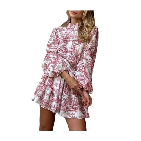 Women's Fall Floral Mini Dress Long Sleeve Button Down A-line Swing Dress Stand Collar Short Dress with Belt