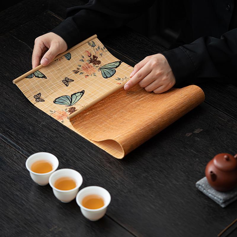 Rectangular Bamboo Woven Dining Table Decorative Heat Insulation Mat Butterfly Print High Quality Kung Fu Tea Set  Accessories