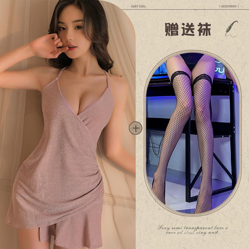 Erotic lingerie sexy shiny suspender slim pajamas hot deep V uniform pajamas