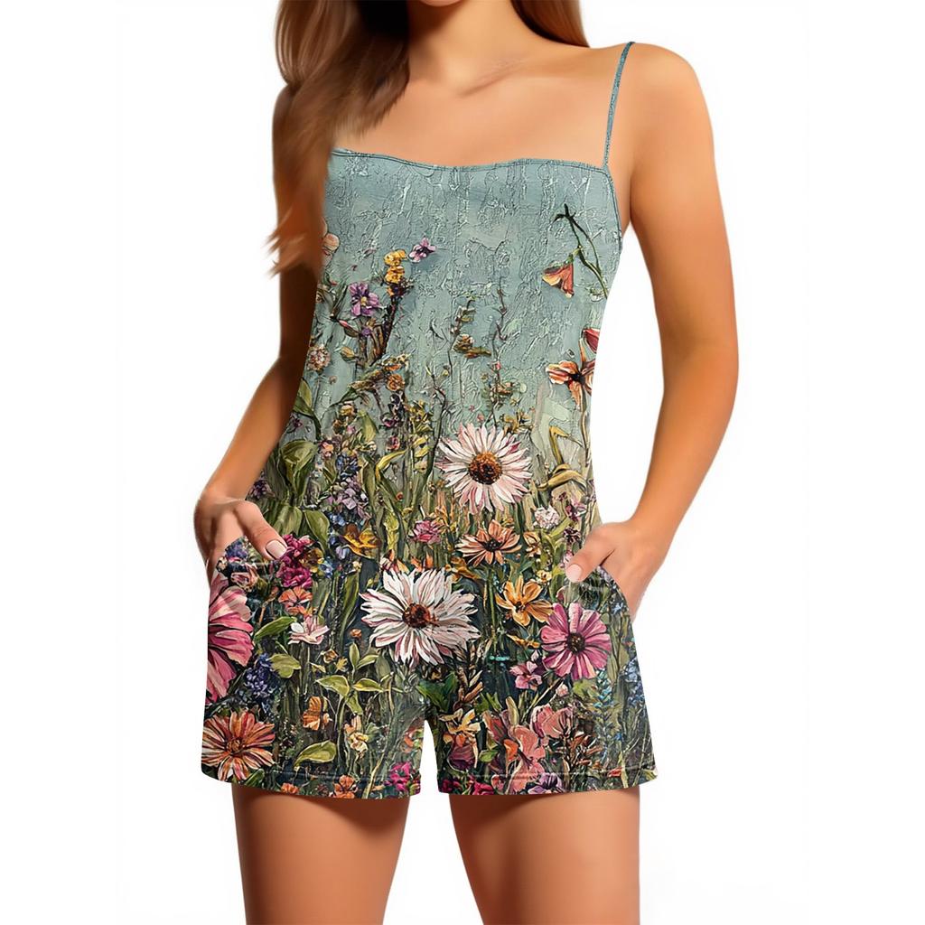 Women's Casual Fashion Floral Print Sleeveless Suspenders With Pockets Jumpsuit Shorts