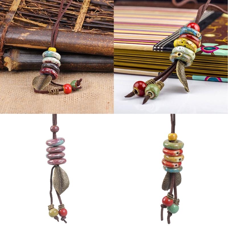 Handmade Ceramic Necklace Adjustable Length Multi Color Beads Leaf Pendants Vintage Style Sweater Chain for Women