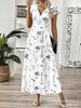 Summer V-neck Long Dress, Flower-printed Small Fly-sleeved Waist A-shaped Dress
