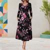 Women Plus Size V Neck Long Sleeve Black Floral Print Midi Dress With Pockets