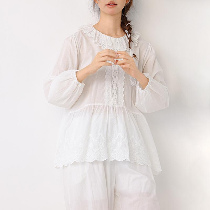 2026 New Style Women's Pure Cotton Long Sleeve Doll Shirt with Lace Collar and Heavy Embroidery