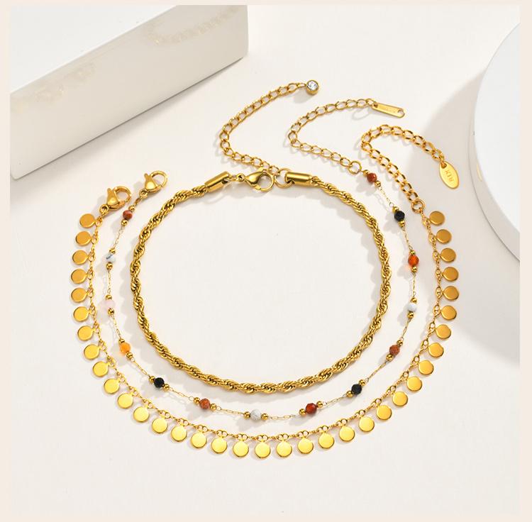 3 Layers Gold Plated Anklet Set for Women Nature Stone Bead Bohe Disc Charm Stainless Steel Beach Foot Jewelry