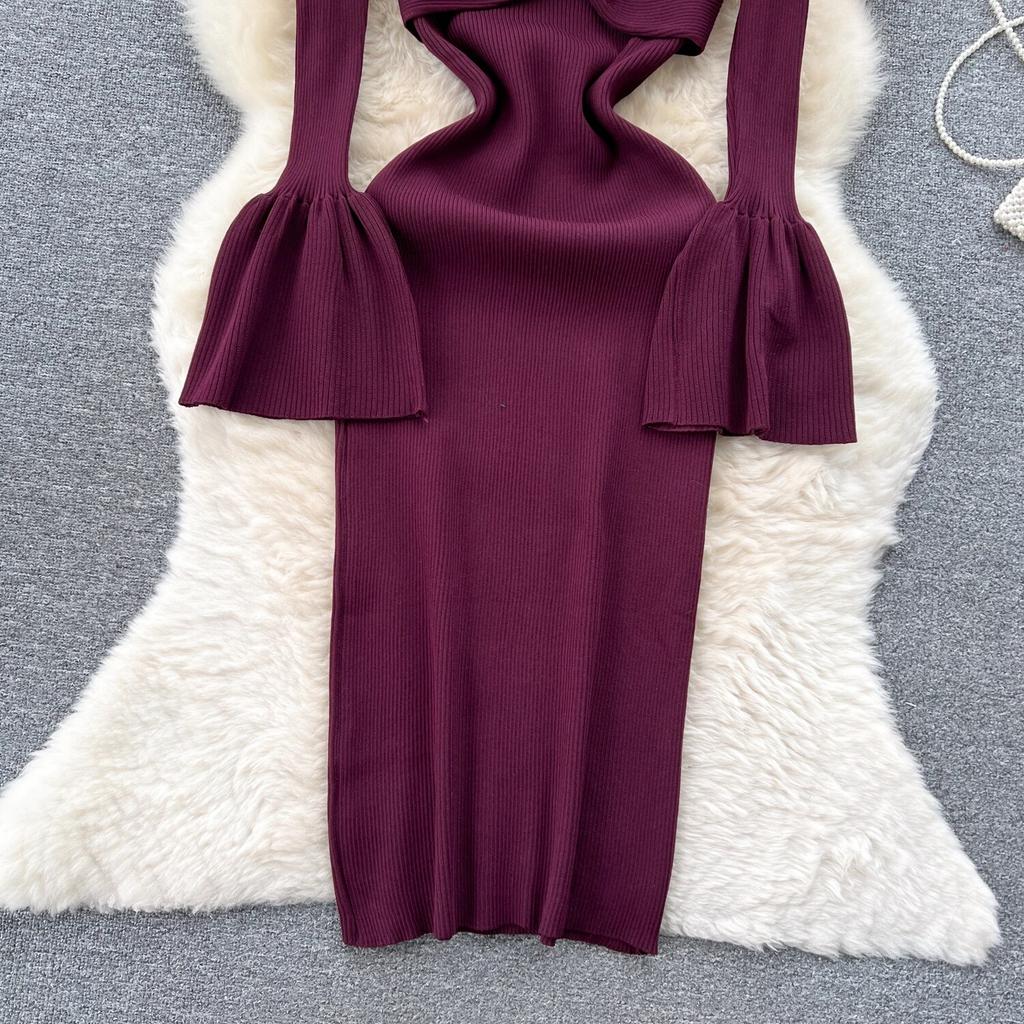 Sexy Bodycon V Neck Flare Pletené šaty s dlouhým rukávem Elegantní Elegantní Vestidos Podzimní Ženy Módní Hip zavinovací šaty