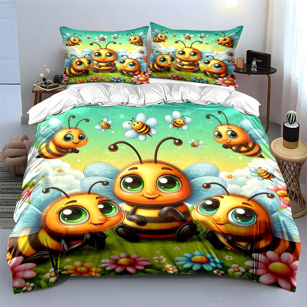 Süße Bienenfamilie mit Blumen Bettwäsche Bettbezug Set  (1*Bettbezug 2*Kissenbezüge, ohne Bettdecke)