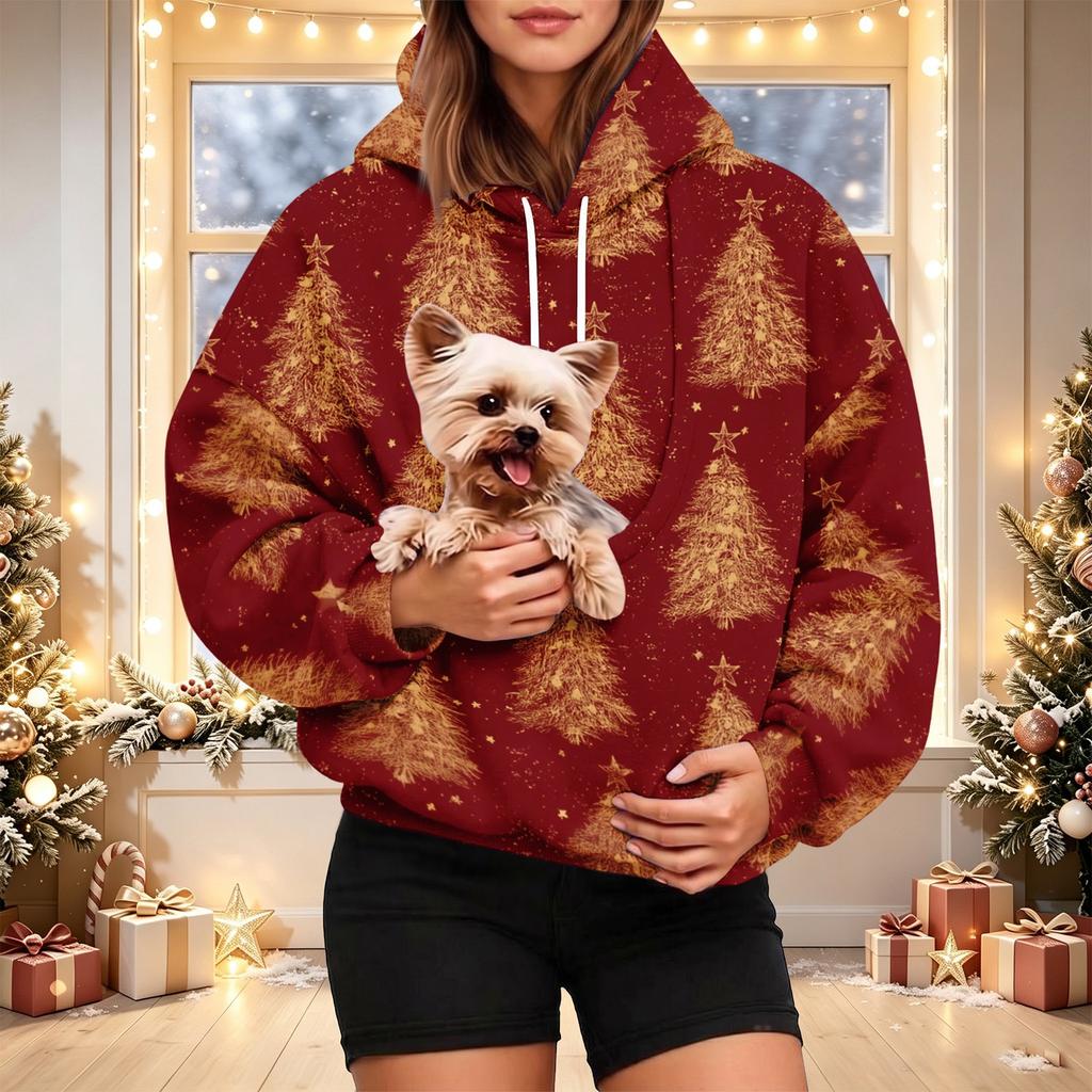 Women's Stylish Christmas Print Hoodie with Pet Pocket, Casual Holiday Pullover for Winter Wear