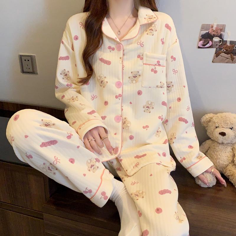 Air cotton pajamas women's autumn and winter long sleeves thickened interlayer warm stars cat student loungewear real shot