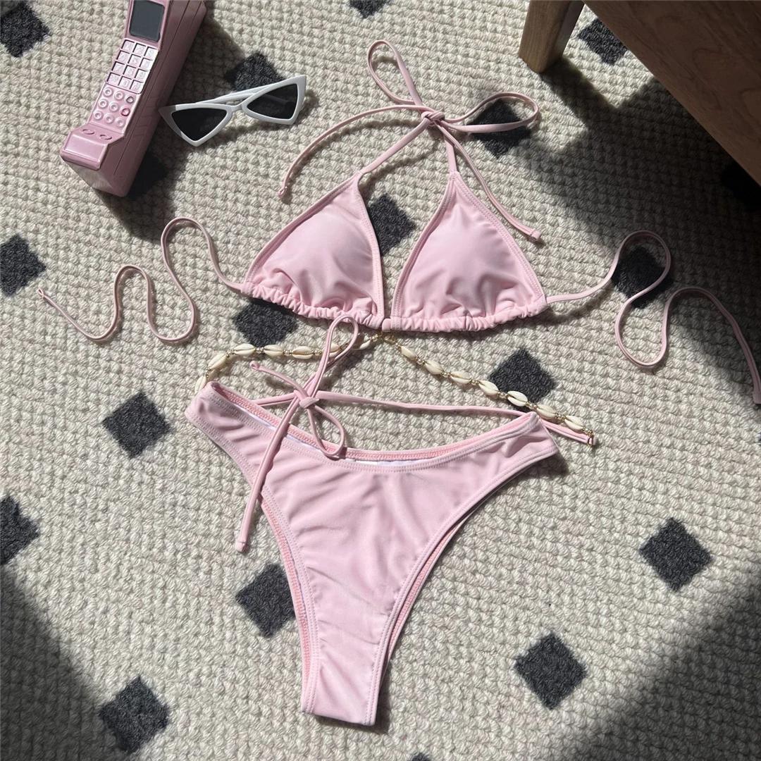 

5 Colors Sexy Halter Shell Brazilian Bikini Female Swimsuit Women Swimwear Two-pieces Bikini set Bather Bathing Suit Swim S розовый