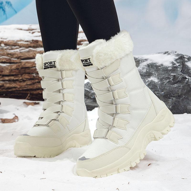 Fur-lined Snow Boots Women Plush Winter Hiking Shoes Ladies Anti-slip Warm Cotton Shoes Waterproof High-top Boots