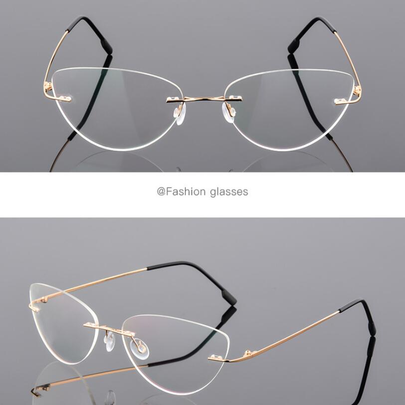 1.61 index Lens Frameless Cat Eye Myopia Eyeglasses Ultralight Rimless Blue Light Blocking Prescription Glasses -0.5 -0.75 to -6