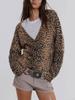 New Trendy Vintage Leopard Print V-Neck Knit Cardigan for Women, Soft and Fuzzy with Drawstring