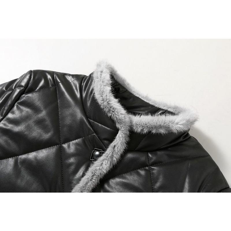 Women Winter Medium Long Stitching Leather Coat Stand-up Imitation Mink Fur Collar Cotton-Padded Jacket Temperament Warm Overcoat