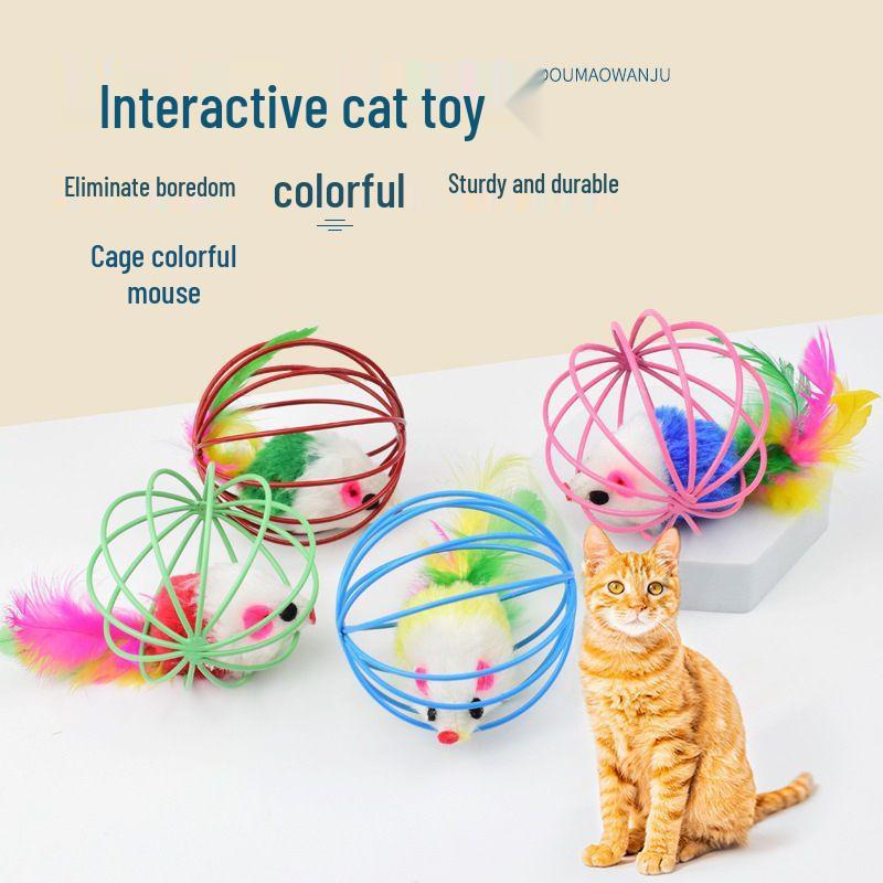 Colorful Feathered Wire Cage Mouse Cat Toy for Self-Entertainment