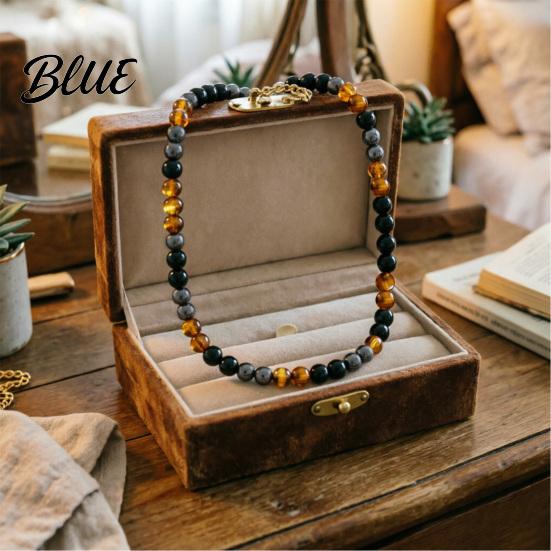 Collana di Perle Occhio di Tigre Perle di Pietra per Uomo Ossidiana Gialla