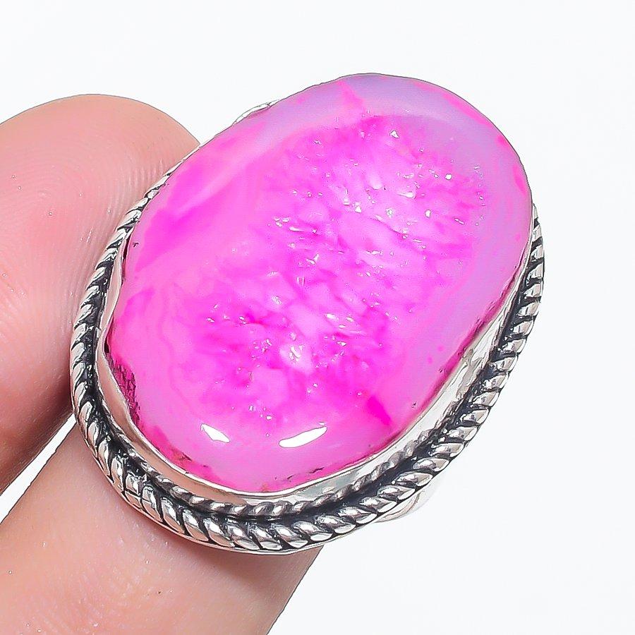 Natural Pink Druzy Slice Gemstone 925 Sterling Silver Jewelry Ring Size 9 m4D19