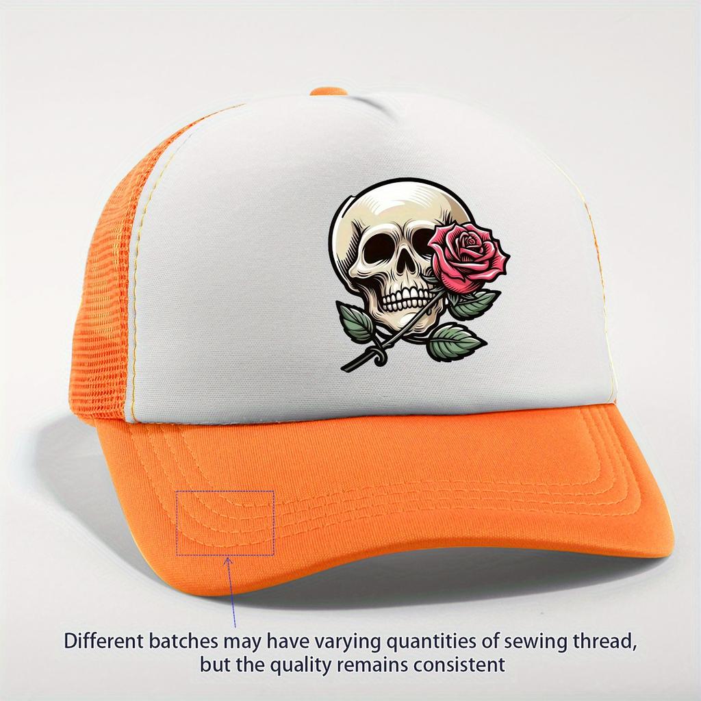 Skull and Rose Print Trucker Hat Polyester Breathable Mesh Casual Unisex Adjustable Cap