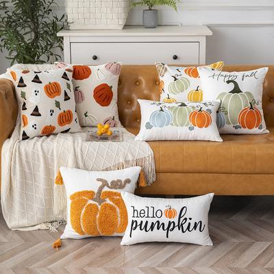 Towel Embroidered Pumpkin Throw Pillow Cover Halloween Canvas Cushion Case for Couch Bed Office Autumn Decor 18x18 Inch
