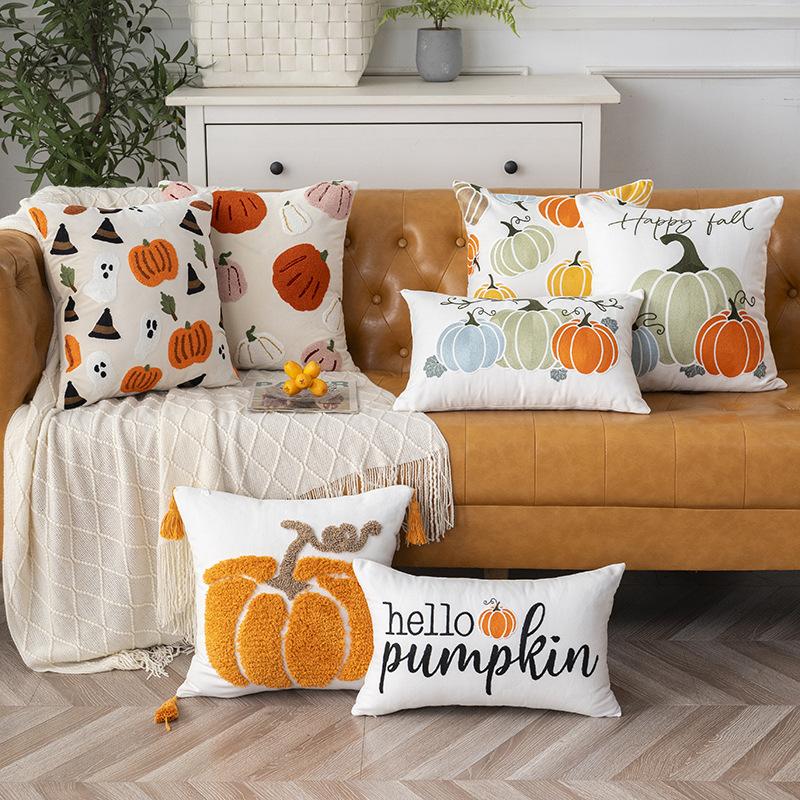 Halloween Plush Cushion Cover Embroidered Halloween Pumpkin Cushion Cover Halloween Decorative Sofa Cushion Covers