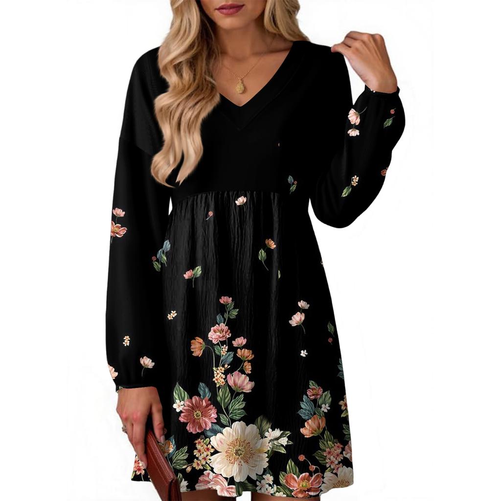 Women's Fashion Floral Print V-Neck Long Sleeve Dress