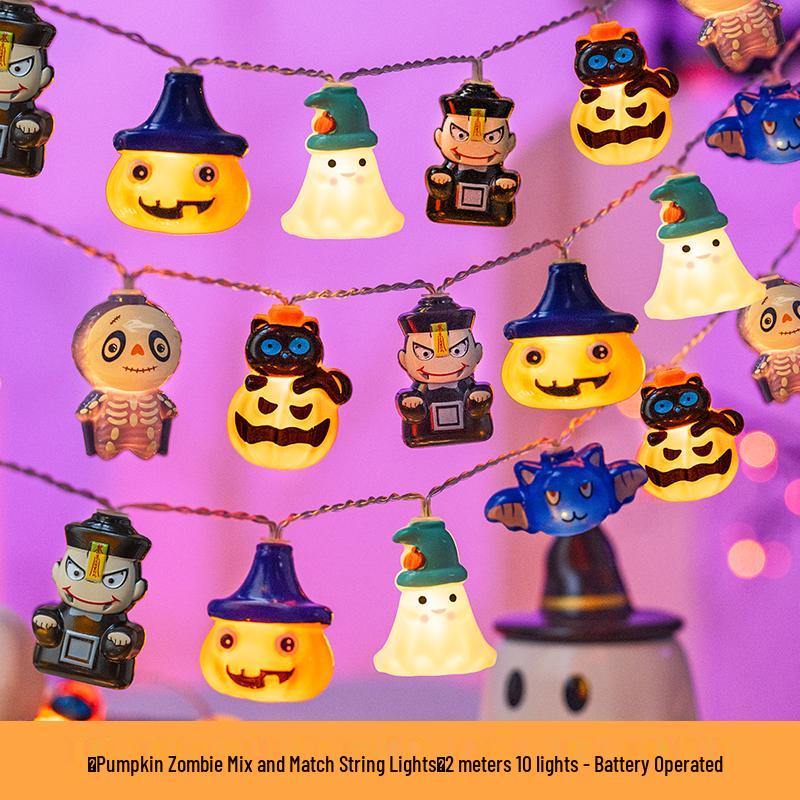 Гирлянда фонариков на Хэллоуин: Светящиеся тыквы, призраки и скелеты для витрин