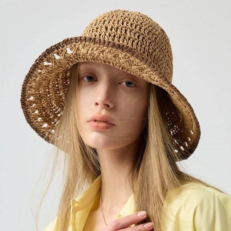 Summer new straw big eaves bucket hat women hollow straw hat travel vacation seaside basin hat