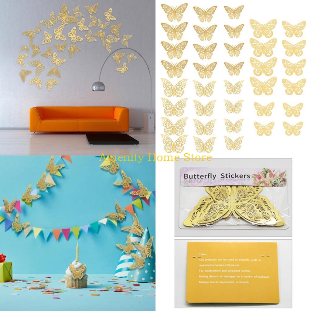 F26C 36 Pcs Hollow 3D Three-dimensional for Butterfly Wall Sticker Elegant Paper Wall Decal Artistic Stickers Home Wall Decor
