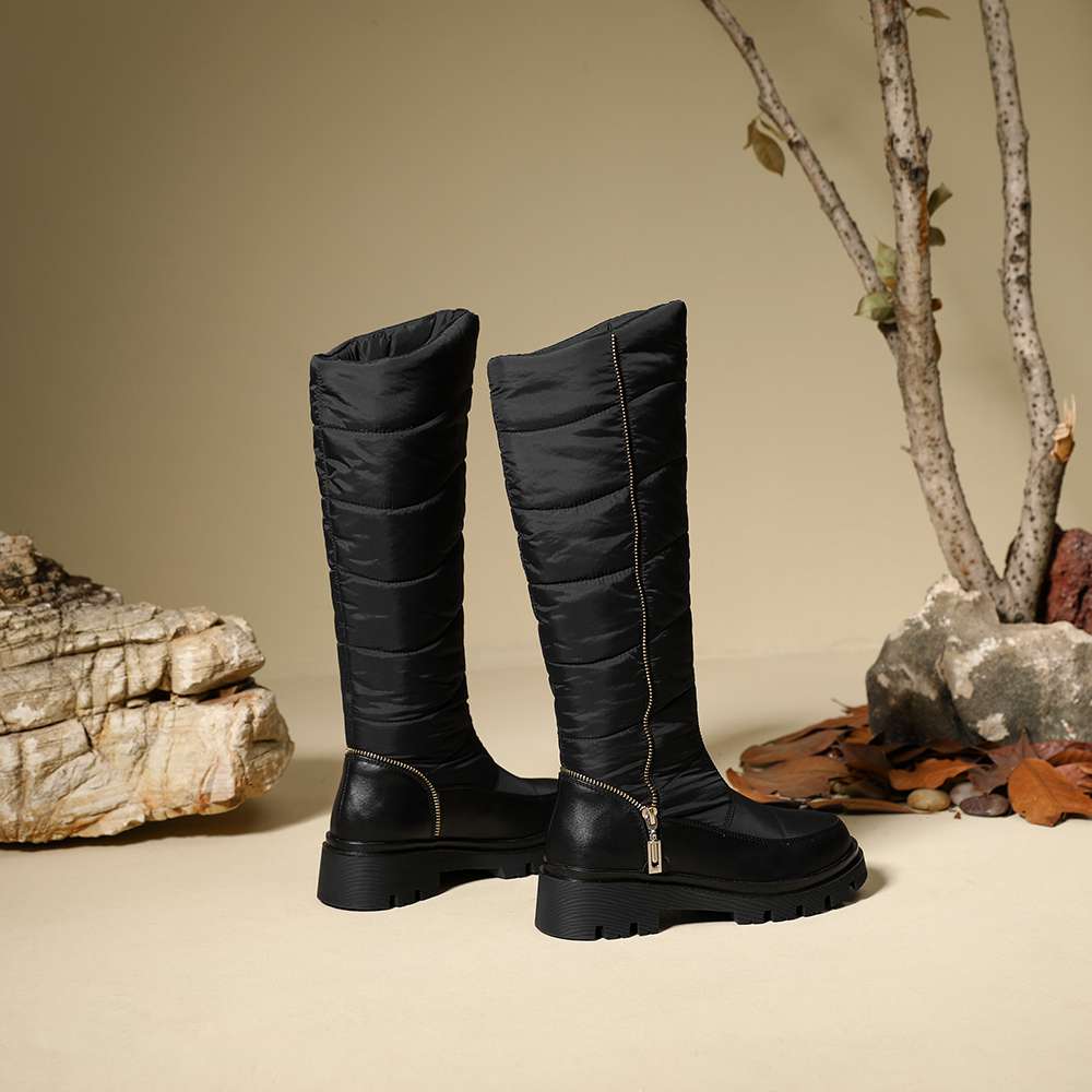 Krazing Pot PU Down Boots Cold-resistant Winter Shoes Med Heels Size 44 Super Size Snow Boots Zipper Round Toe Keep Warm Thigh High Boots
