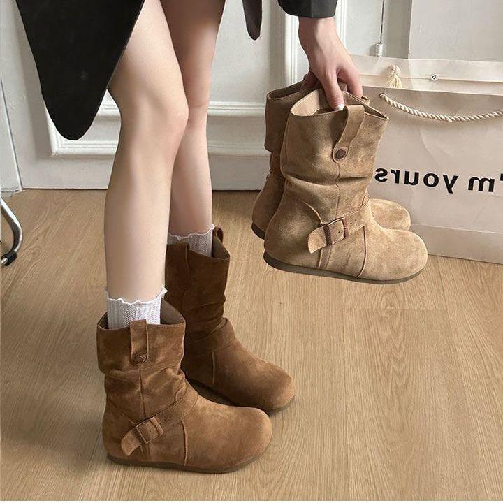 Damskie botki retro z okrągłym noskiem - Jesień/Zima Gruba podeszwa Styl kowbojski