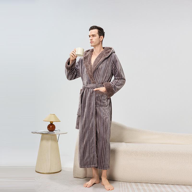 Cozy Couple Jacquard Fleece Long Robe - Hooded Autumn/Winter Bathrobe for Men & Women