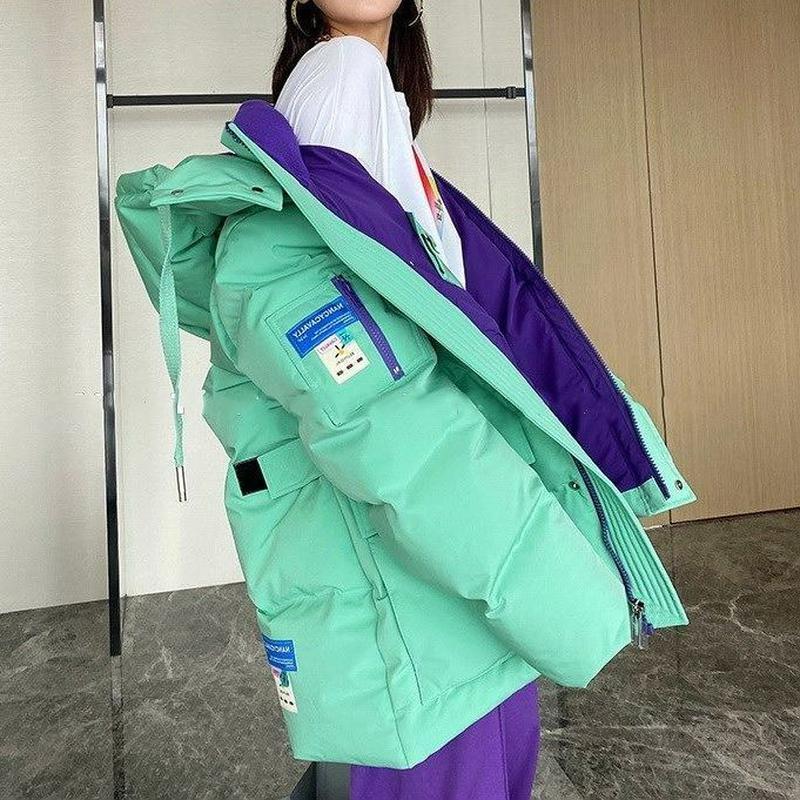 Damen-Daunenjacke mit vertikalem Kragen im Herbst und Winter, mittellange, verdickte, lockere Jacke, Arbeitskleidung, mit Kapuze, weißer Entendaunenmantel