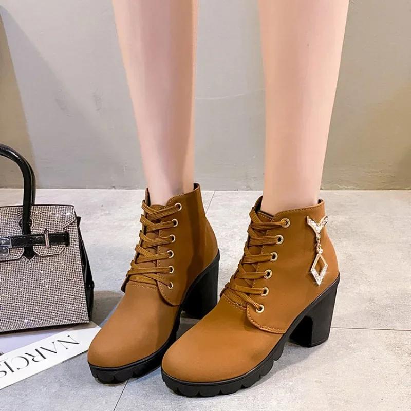 New Spring Winter Women Pumps Boots High Quality Lace-up European Ladies Shoes PU High Heels Boots Fast Delivery