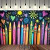 2D Flat Background, 1 Party Backdrop Wall, Featuring Crayon Art, Heart Shapes, Sun Patterns and Vortex Designs