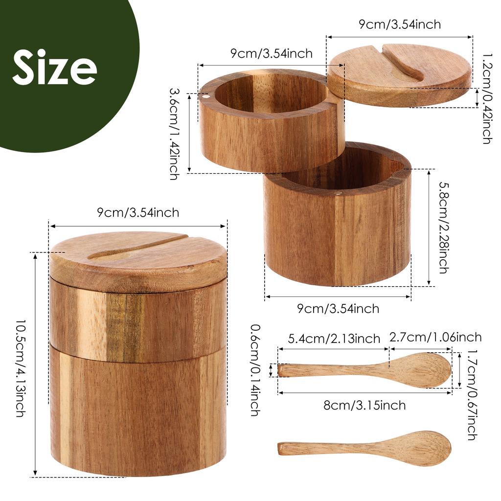 2 Layer Acacia Wood Salt and Pepper Bowl Box with Lid and Spoon Wood Salt Cellar Salt Jar Spice Seasoning Container Kitchen Tool