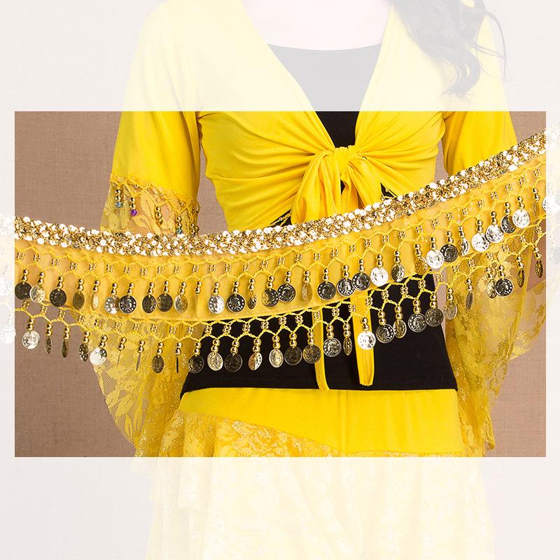 Gold-Edged Indian Dance Hip Scarf with Hanging Coins for Belly and Square Dance Performances