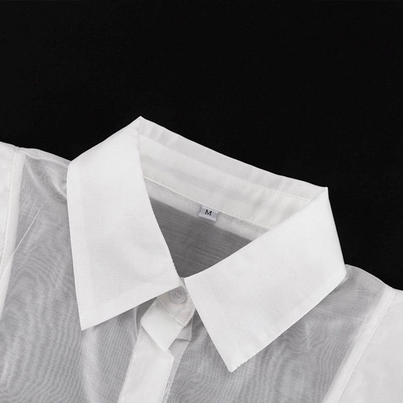 Solid See Through Women Shirt Commut Wear Lapel Long Sleeve Single Button Lace Up Female Blouse 2025 Spring Summer Elegant Office Lady Top