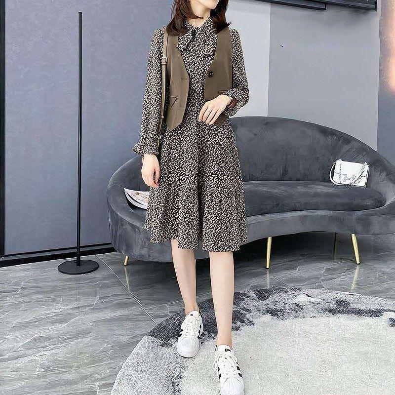 Two-Piece Floral Dress & Vest Set - Spring 2026 Elegant Slim Fit, Long Sleeve, Elastic Waist