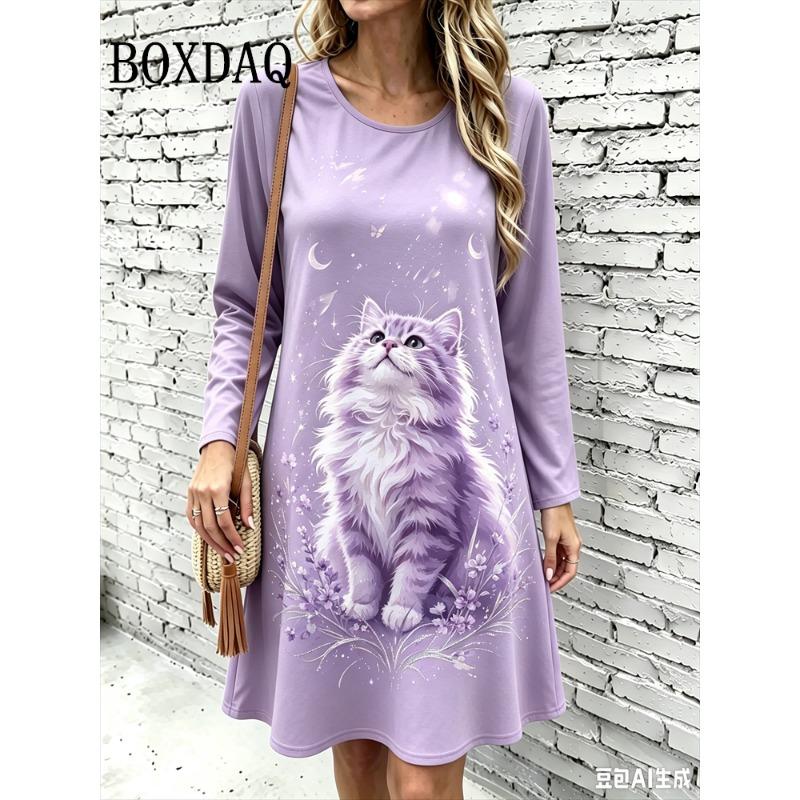 Women's Elegant Party Mini Dress Loose Crew Neck Short Sleeve Home Dress Summer Casual Daily Graphic Animal Cats 3D Print Dress