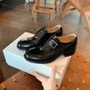 Sheepskin~ Round head leather platform loafers women's buckle strap thick heel Oxford shoes British with skirt lazy small leather shoes