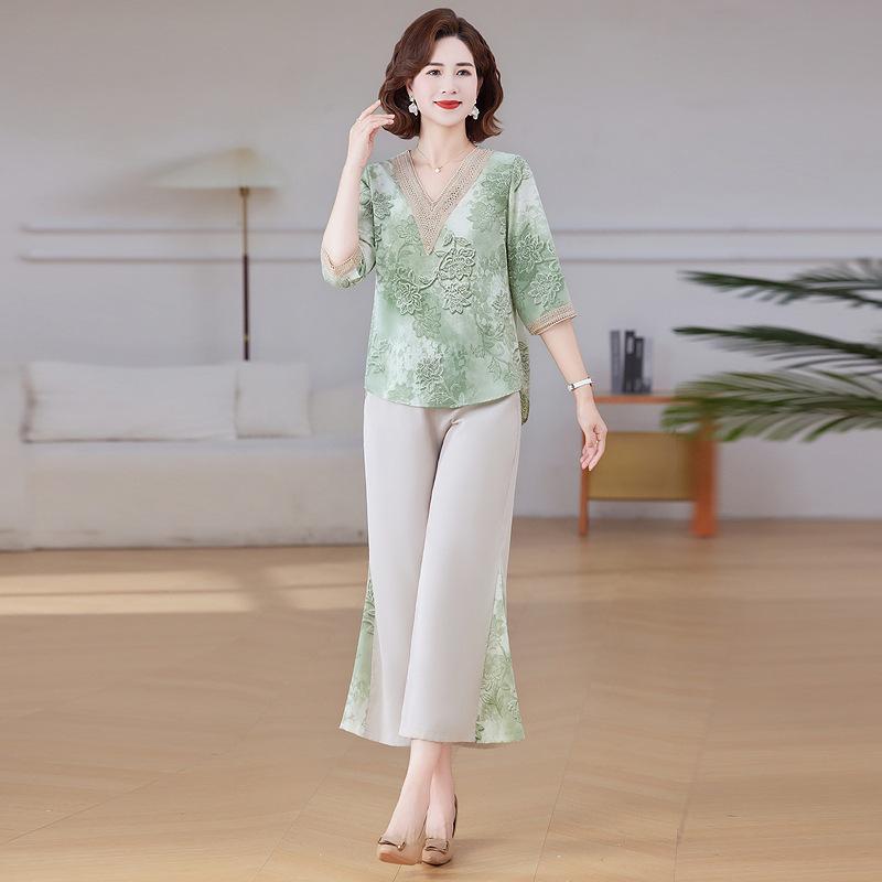 2026 New Stylish Chiffon Suit for Middle-aged & Elderly Women - Spring/Summer Two-piece Set XL зелёный
