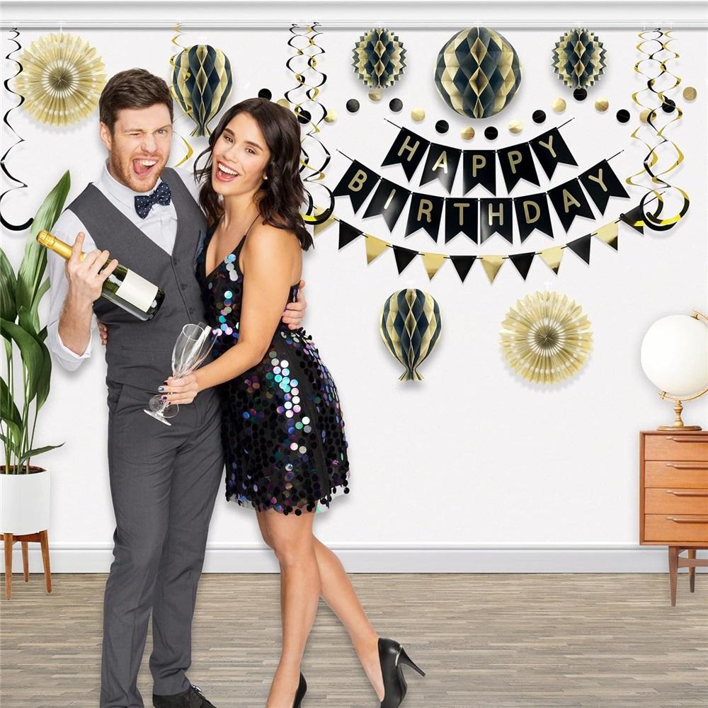 36 Pieces Reusable Birthday Decoration Set - Happy Birthday Banner, Bunting, Beehive Decoration, Ribbons (Confetti Rainbow Party Decoration)