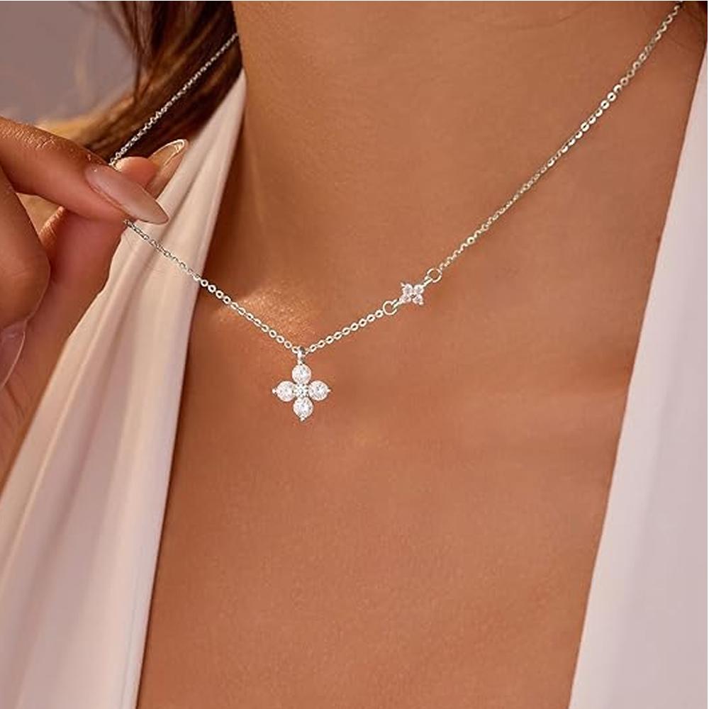 Double Lucky Four-leaf Clover Pendent Necklace for Women Cute White CZ Flower Stackable Chain Fashion Wedding Jewelry Gift