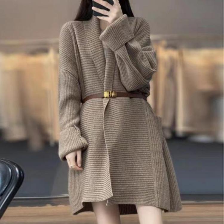 Loose Fit Mid Length Open Front Cardigan Sweater Coat for Women Lapel Long Sleeve Large Pockets Solid Color Outwear