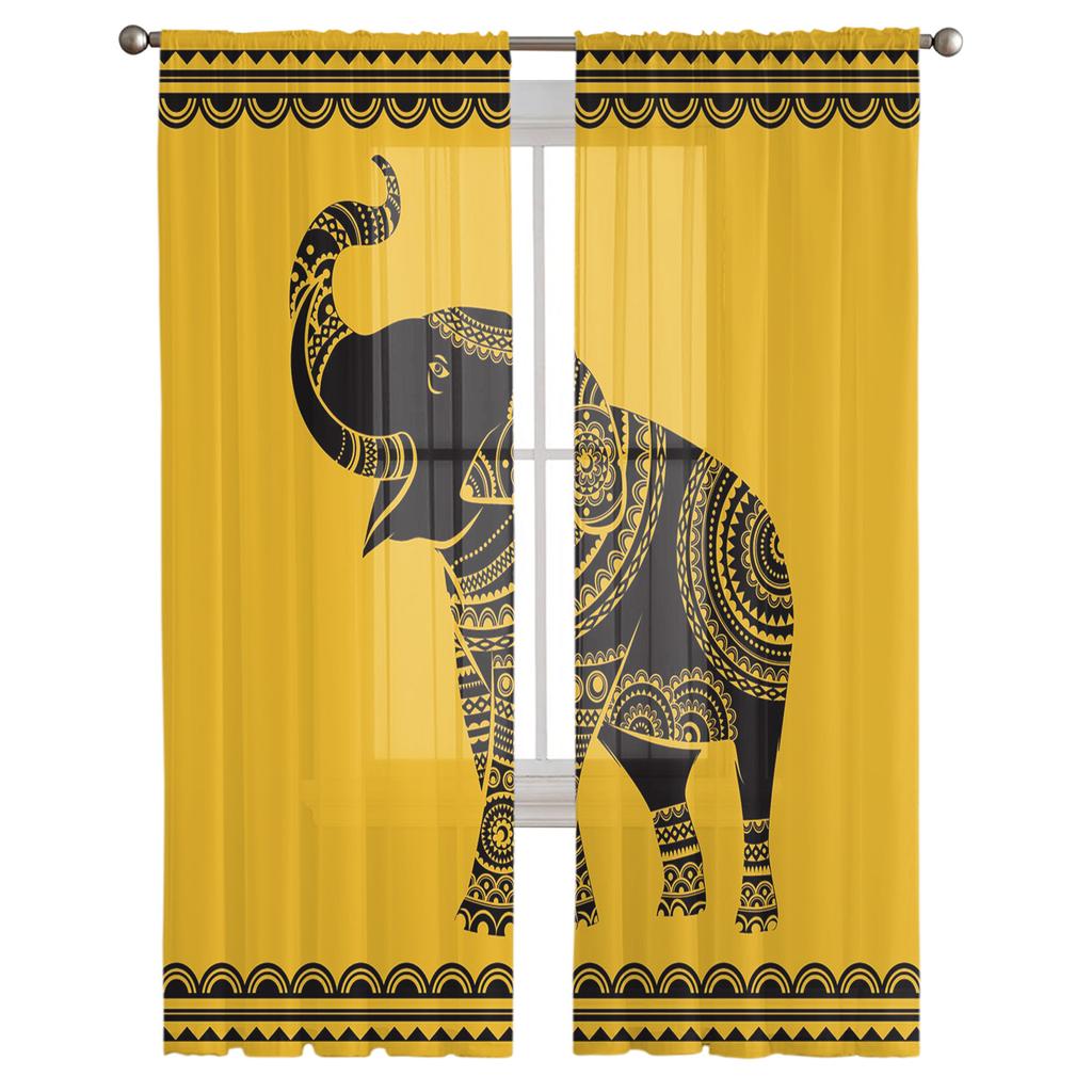 Elephant Art Indian Bobo Style Tulle Window Treatment Sheer Curtains for Kitchen Living Room the Bedroom Curtains Decoration