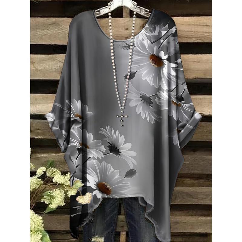 Women's Bohemian Flower Print T-Shirts Black Colorful Retro Full Body Graphic